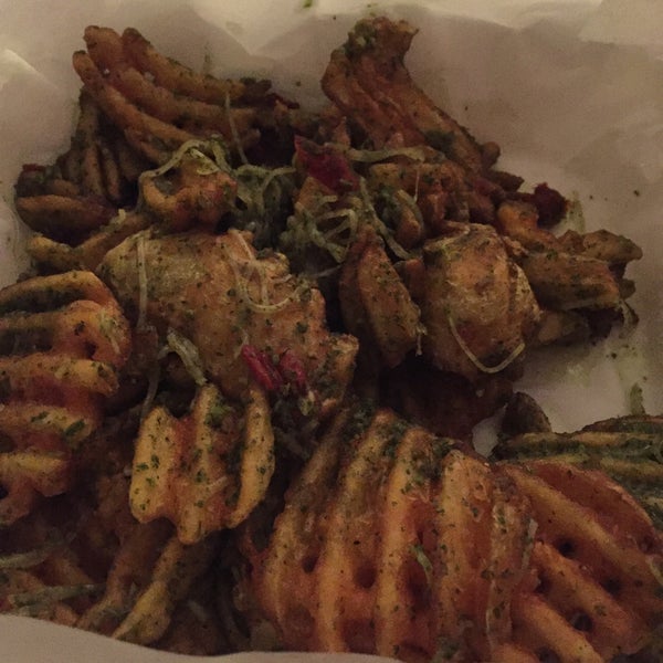 Pesto fries w/ kalamata olive aioli, mussels, caesar salad, bay chowder