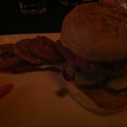 Fin tuna burger with wasabi, eggplant, bacon on an English muffin with plantain chips on the side!!!  Excellent