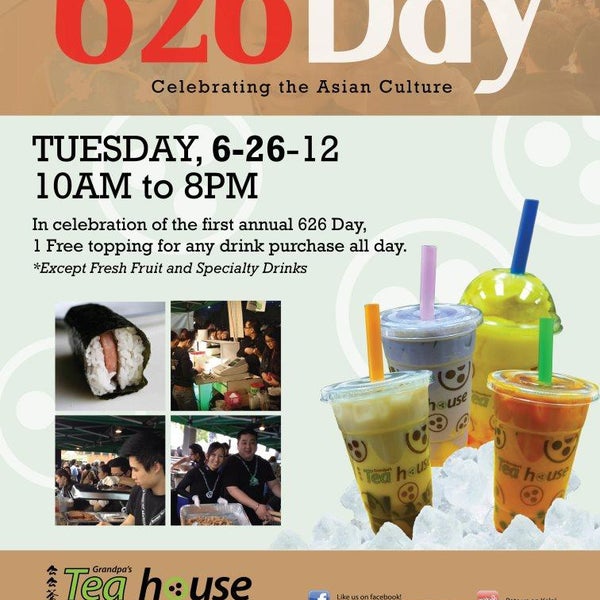 On 6/26/12, get 1 free topping for any drink purchase all day (except fresh fruit and special drinks). #626Day