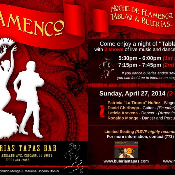 FLAMENCO | Bulerias Tapas Bar | April 27th | 2 SHOWS | Make your reservations at www.buleriastapas.com or call 773.404.2855
