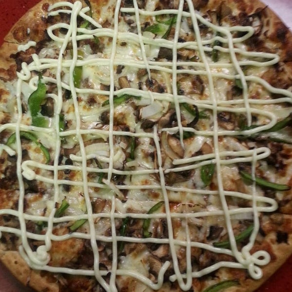 Dec POM: Philly Pizza - Mushroom, Onion, Green Pepper, Pizza Cheese, Philly Cheesesteak, and Mayo.