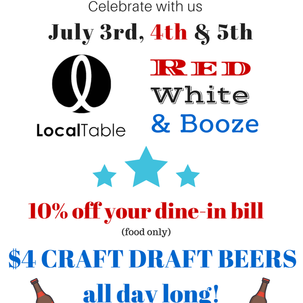 Join us July 3rd, 4th and 5th for a Red, White and Booze party! ALL CRAFT BEERS $4