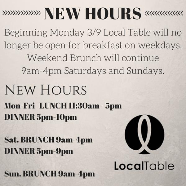 Please note our new hours as of 3/9/15