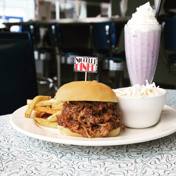 Blueberry Pancake Shake! And for only $5.95 in Nov... slow roasted Pulled Pork Sandwich. It is roasted in our own smoked sweet and tangy BBQ  with garlic & onion piled high with fries & coleslaw.
