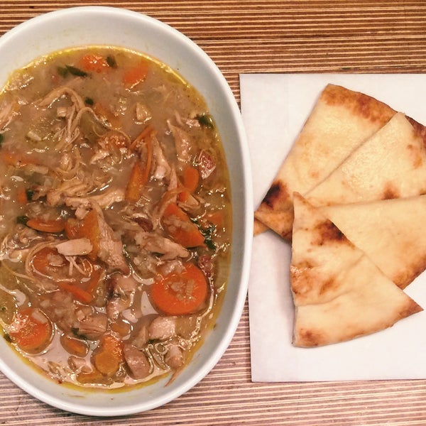 Chicken Mulligatawny Soup, loved by Jerry Seinfeld for $6.88 with a half naan.