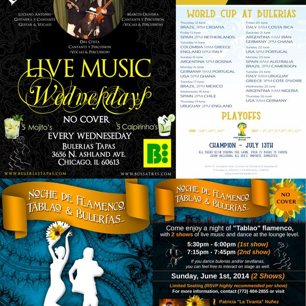 Bossa Tres Wednesdays, Flamenco Shows June 1st, and World Cup Schedule @ Bulerias