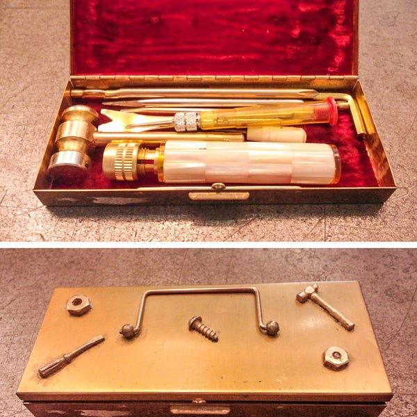 vintage brass toolkit in a gorgeous velvet lined box