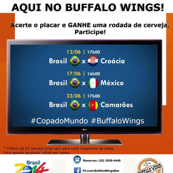 Nos jogos do Brasil, venha torcer no Buffalo Wings e concorra a uma RODADA DE CERVEJA! Imperdível... ;-)