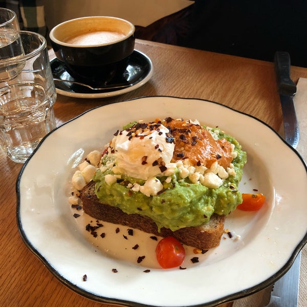 Amazing avocado toast. So thick, I guess they put 2 full avocados per toast. The lemon on it, the red sauce (don’t know what it is). It’s my new fave! 😀