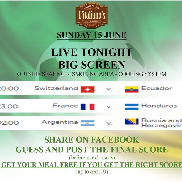 #Tonight #LIVE #LITALIANOS #FIFAWORLDCUP Come get a nice meal while matching the matches...