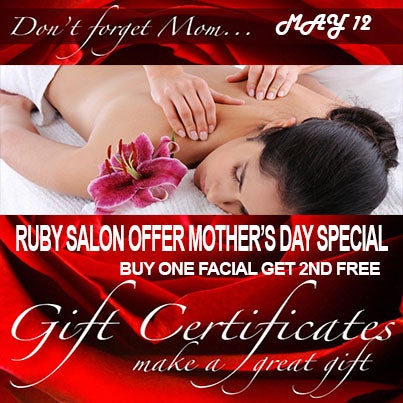 Treat Mom and Yourself this" MOTHER'S DAY " to the Gift of Very Relaxing 1 Hour Facial with Back Massage Buy One Facial any Kind And Get 2nd Facial "FREE" This Offer is Only for 3 Days Call 6314245300
