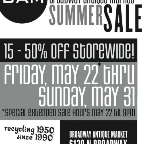 BAM's Atomic Summer Sale!  May 22-31, 2015.  75 Top Dealers, Two Giant Levels. Mission, Deco, Mid Mod. 15-50% Off. 6130 N. Broadway. 773-743-5444. BamChicago.com.  Open, 11-7. Antiques@BamChicago.com