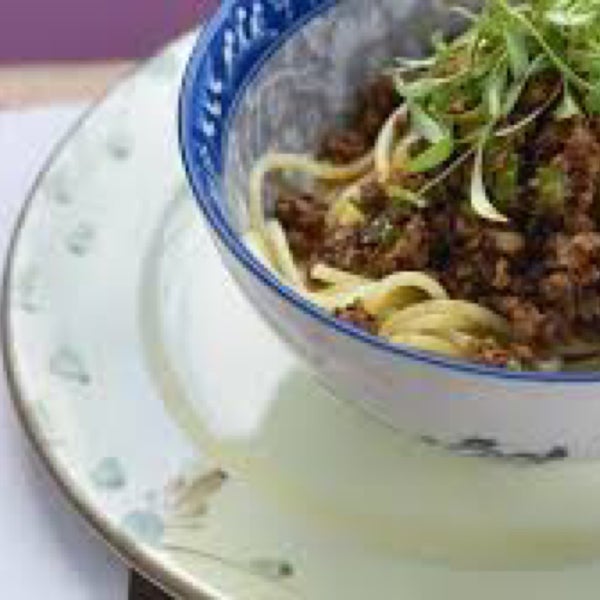 Flat rice noodles, braised rabbit & chili garlic