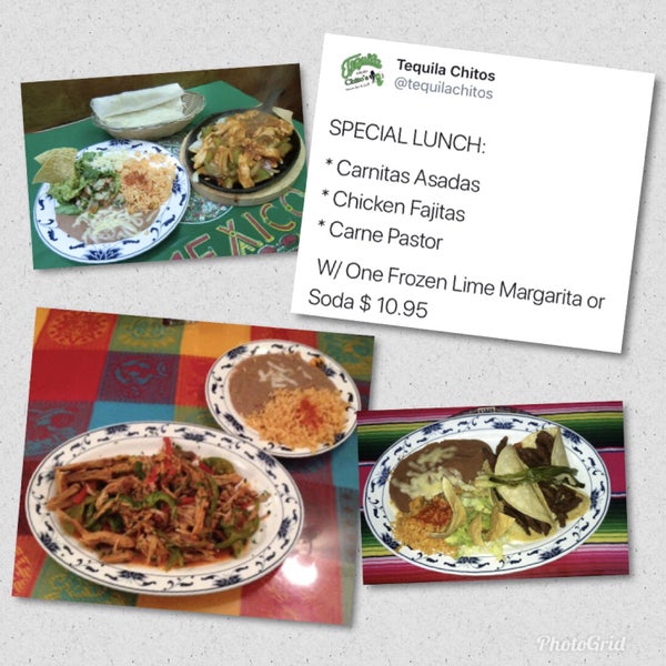 SPECIAL LUNCH:* Carnitas Asadas* Chicken Fajitas * Carne Pastor W/ One Frozen Lime Margarita or Soda $ 10.95