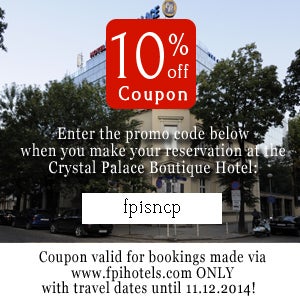 Discount coupon code valid for direct bookings ONLY! Book your next stay at the Crystal Palace Boutique Hotel via www.fpihotels.com and get 10% discount! Book now via www.fpihotels.com