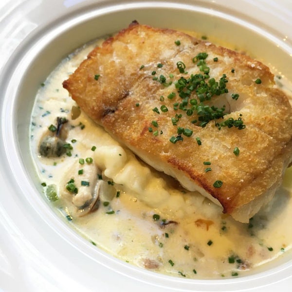 The menu changes seasonally, but there are a few items that remain because they are so delicious! Like the Baked Cod with mussels, bacon and chowder nage.