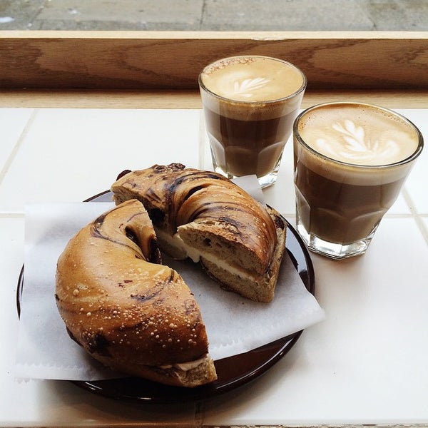 Cinnamon and raisin bagel with cream cheese and cortados - a delicious pit stop at Iconic Café on a busy shopping day in Soho!