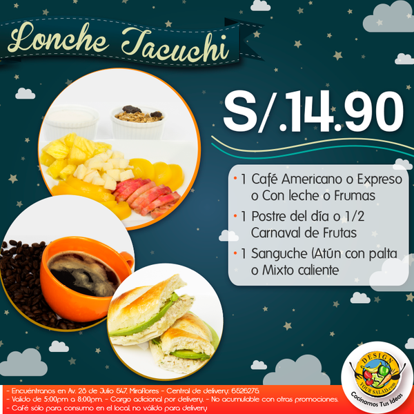 Date un salto por Design Your Salad y pide tu "Lonche Tacuchi" por solo S/.14.90. (de 5pm a 8pm) Delivery al 652.6275 (Barranco, Miraflores, San isidro y Surquillo). Síguenos en las redes sociales.