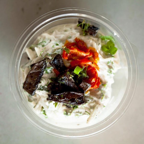 You’re going to be missing your pasta, but you won’t miss the texture with the kelp noodles here, made into a non-dairy feast in “Alfredo” sauce made from sun-dried tomatoes and dehydrated mushrooms.