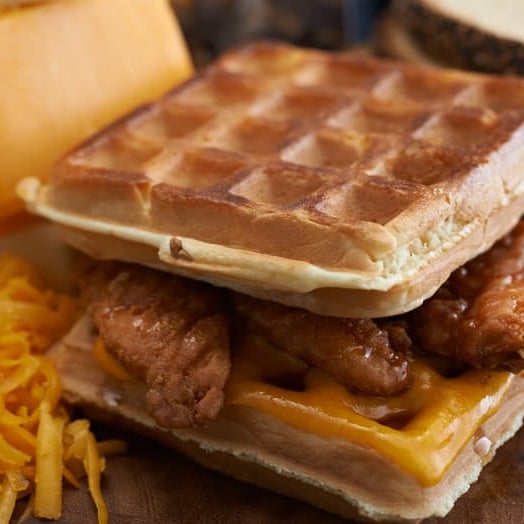 Yep, that’s fried-chicken grilled cheese with waffles instead of bread. Have you ever seen anything more beautiful?