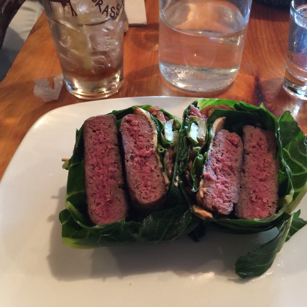 Amazing elk burger. The collard green wrap is a big improvement over the old lettuce wrap.