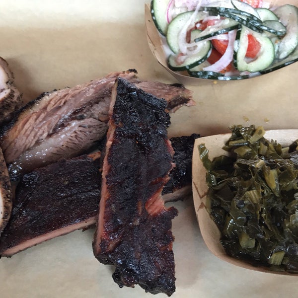 The turkey was Smokey and moist; the brisket slices were moist, melt in your mouth deliciousness and good smoke flavor; the ribs were bone-dry and tough; the collard greens/cucumber-tomato: tasty.