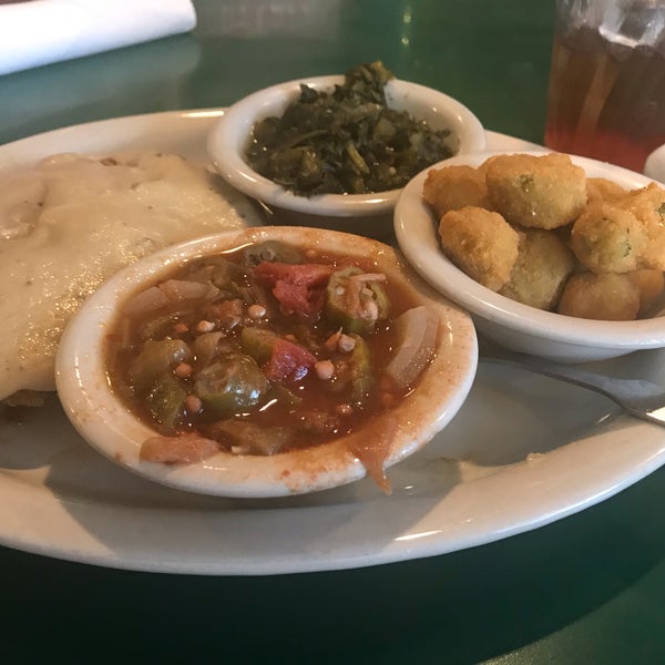 Very average Southern Chicken Fried Steak, okra&tomatoes, fried okra and mustard greens.Average is not bad but it is also not a destination.Staff are very friendly, and iced tea is sweet :)