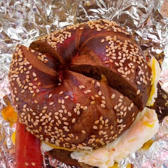 Nothing beats bacon egg and cheese on a black russian bagel. SO good!