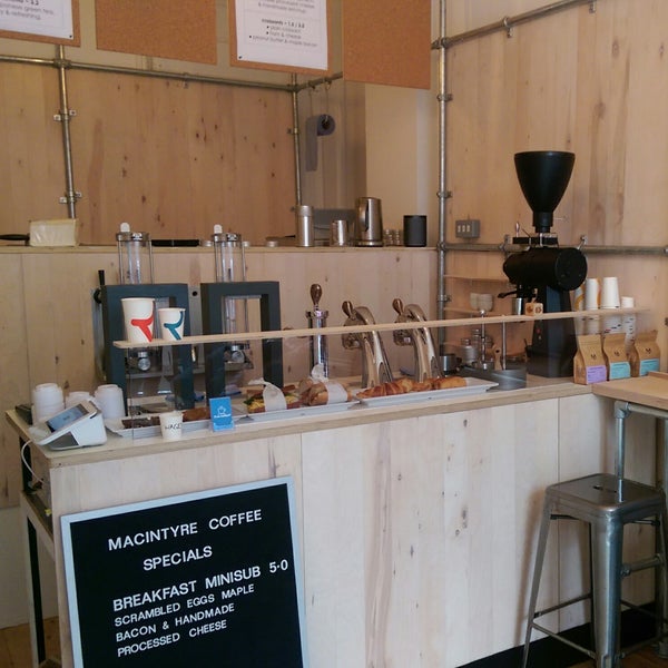 Lots of interesting coffee geek equipment without the pretension. 7 bar stools, excellent coffee, a few snacks too