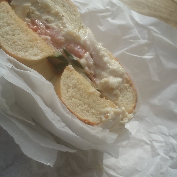 Whitefish on harlic bagel with fixin's.  Just like from hometown Philly. Yum!