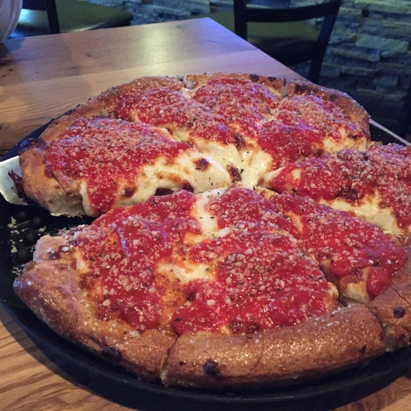 One of my favorite pizzas in Michigan. Have to get the deep dish. Not quite as thick as a typical Chicago style pizza, but it's in the general style.