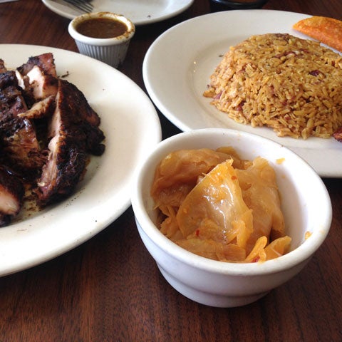 Try the briskly spicy jerk chicken, a crowd-pleaser that practically melts off the bones, and served with silky braised cabbage, rice, and fried plantains.