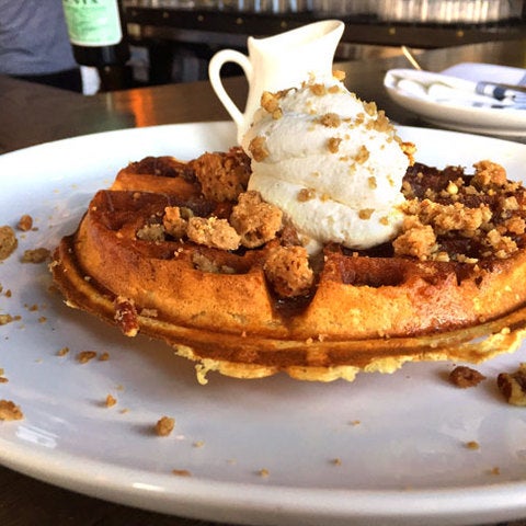 Waffles vs. pancakes is one of brunch's eternal battles, and here they are locked in delicious détente. You should probably bring at least one person with you so you can share rather than choose.
