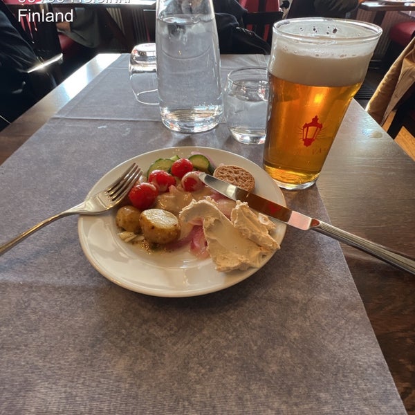 Set lunch with couple of choices daily plus a salad bar for starter. Decent meal 12 euros. Beer though 8 euros (Finnish wheat beer)