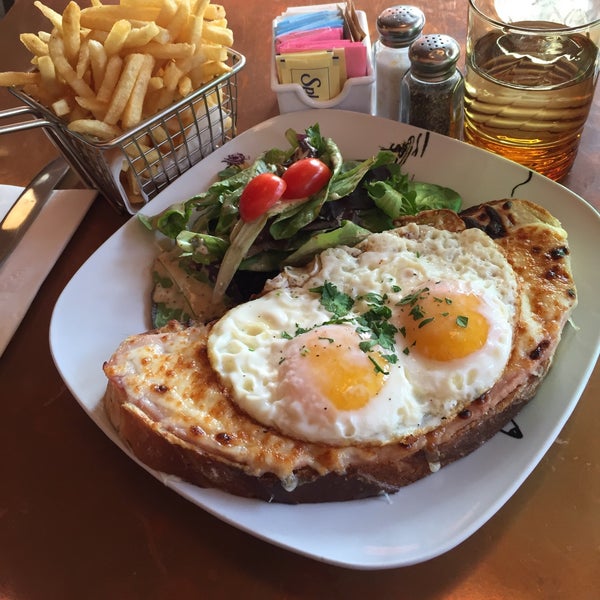 Croque Madam, Fries, delicious pastries! (But they will charge you $7 for still water, which I didn't realize until I got the check)