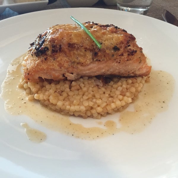 Salmon gratin with herbs on fregola Sarda. Another nice daily special from Chef Piero