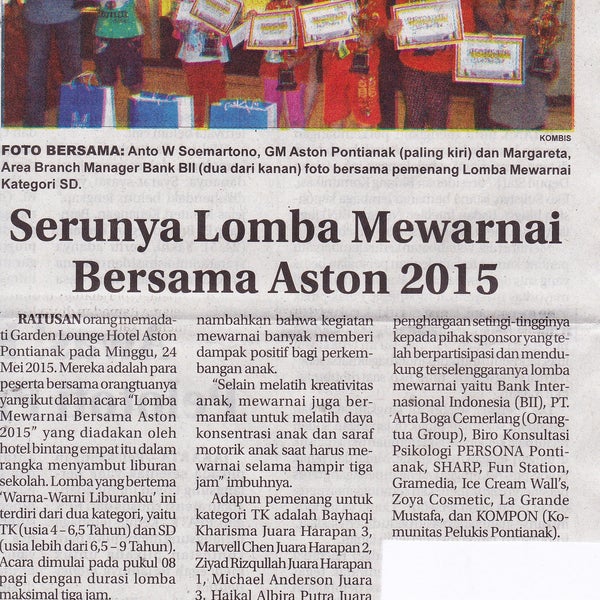 Selamat buat para pemenang ya dan untuk para sponsor yang telah mendukung acara Lomba Mewarnai Bersama Aston 2015.