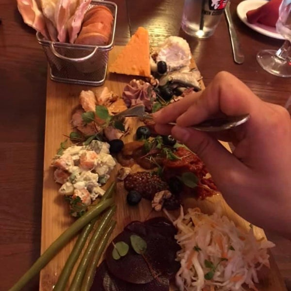 App platter, with beef tongue, cabbage, sardines, salmon, assorted cheeses and all sorts of other Russian goodness.