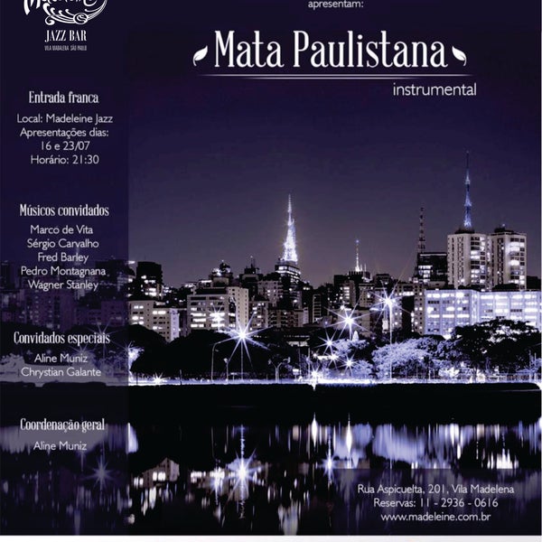 MARCO DE VITA e seu projeto instrumental MATA PAULISTANA. E o melhor: excepcionalmente, com entrada franca! Só aqui no MADELEINE: Aspicuelta, 201 - (11) 2936.0616.