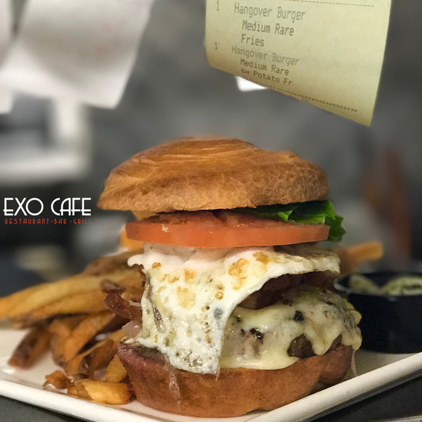 Our Hangover Burger is available Brunch, Lunch and Dinner.  Just FYI.  #exocafenyc #hangover #burger #brunch #saturday
