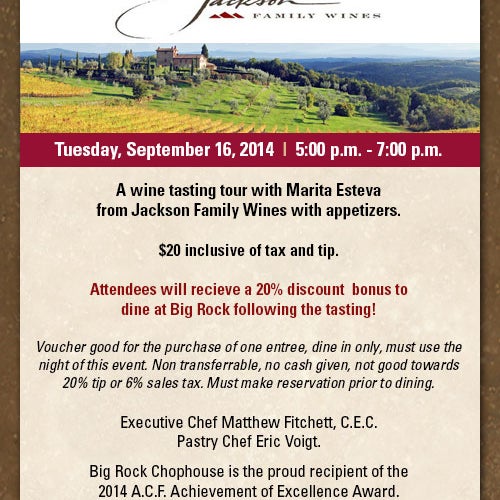Join us for our September wine tasting tour with Jackson Family Wines 9.16.14 from 5 p.m. to 7 p.m. Click here for tickets and more info: http://www.localwineevents.com/events/detail/550372