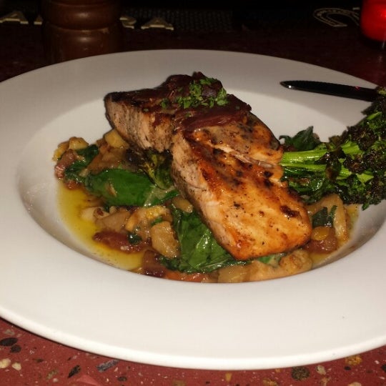 Grilled Salmon, root vegetable hash, broccoli rabe, chopped prosciutto and a rich beuurre noisant with wilted spinach. AAAAMAZING!!