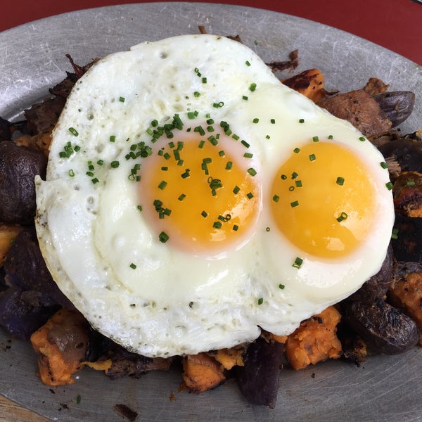 Smoked Brisket Hash is hearty and delicious and great to split between two people. Get the pumpkin waffle as well to satisfy that sweet tooth!