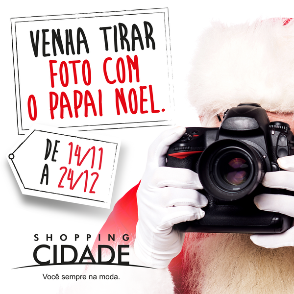 Venha tirar uma foto com o Papai Noel aqui no Shopping Cidade. De seg. a sex. das 15 às 21h e aos domingos das 15 às 20h! :)