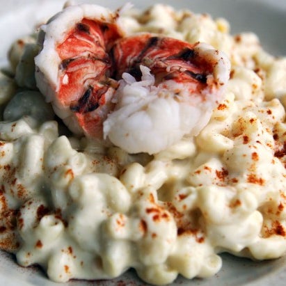 For a twist on comfort food, try the mac and cheese, made with a flavorful but light Gruyère-based sauce and topped with a five-ounce lobster tail cut into seven slices. (Joe Bonwich)