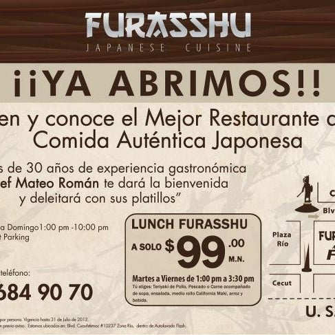 Lunch FURASHU a solo $99.00 mn!!! Ambiente ejecutivo.