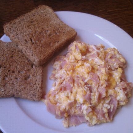 New breakfast menu - for example this scrambled eggs with ham and toasts for just 2,20 euro. Very tasty done