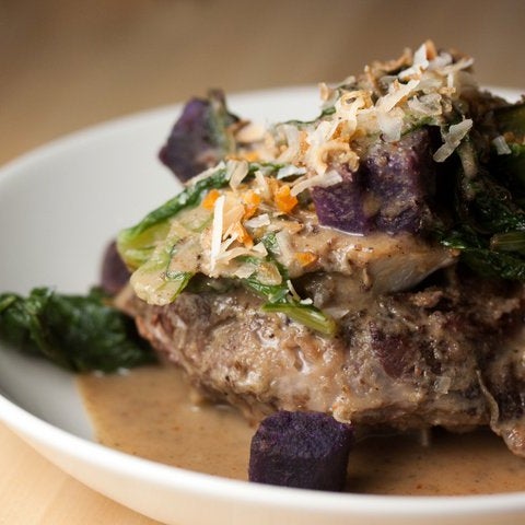 Taste: Massaman Curry Braised Goat with fried shallots, purple yams, mustard greens, and peanuts or Red Curry Roasted Duck Breast with crispy roti, green mango, fresh herbs, and tamarind water