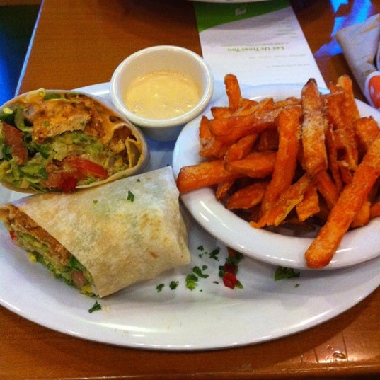 Try the Sante Fe Crispy Chicken in a wrap with sweetheart fries and down it with the strawberry lemonade! Best non-chicken chicken ever.