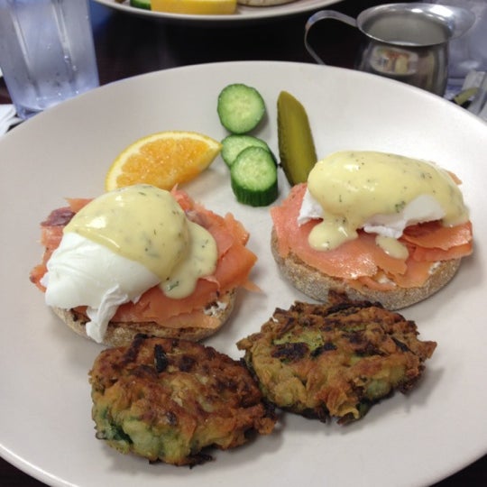 The Eggs Benedict is delicious--smoked salmon and hollandaise with dill. Oh, and the coffee comes with a little cookie!